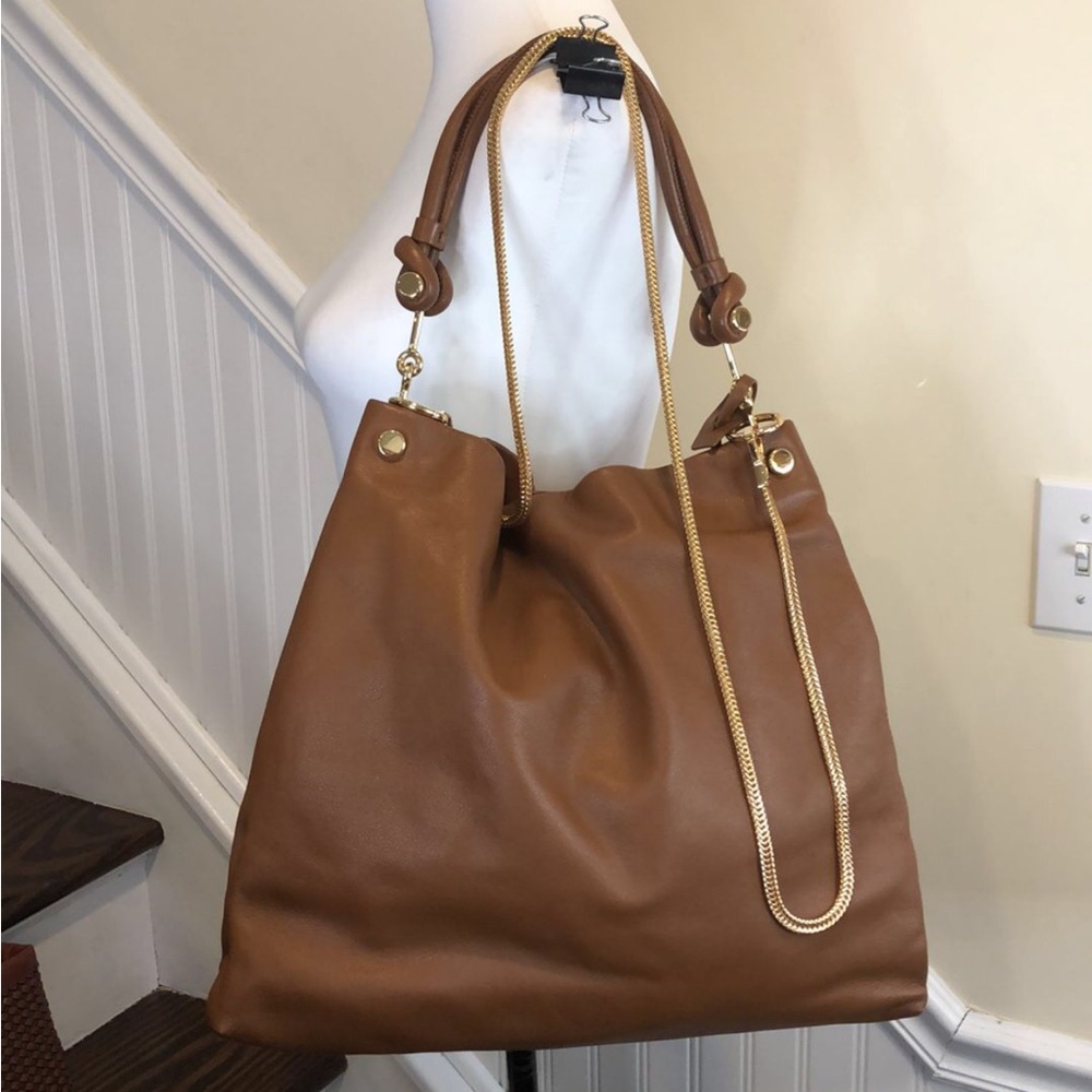 VINCE CAMUTO Brown Leather Hobo with Gold Woven Crossbody Chain NWOT